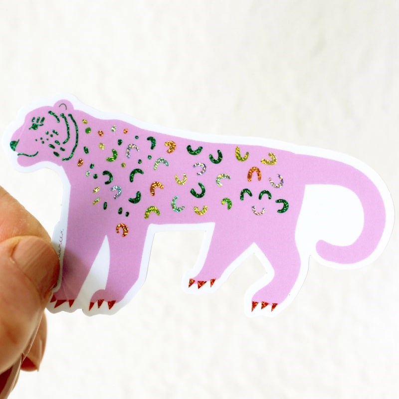 Leah Duncan Jaguar Vinyl Glitter Sticker - model shown holding product