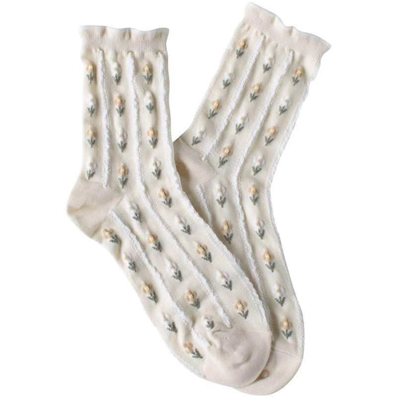 Tiepology Pastel Floral Casual Socks - Banana Cream (1 pair)