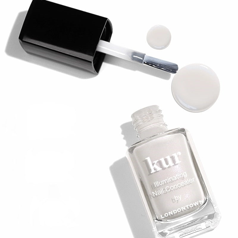 Londontown Illuminating Nail Concealer - product shown next to cap brush and product swatches