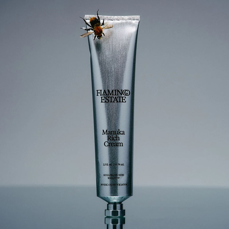 Flamingo Estate Organics Manuka Rich Cream - product shown with bee on it