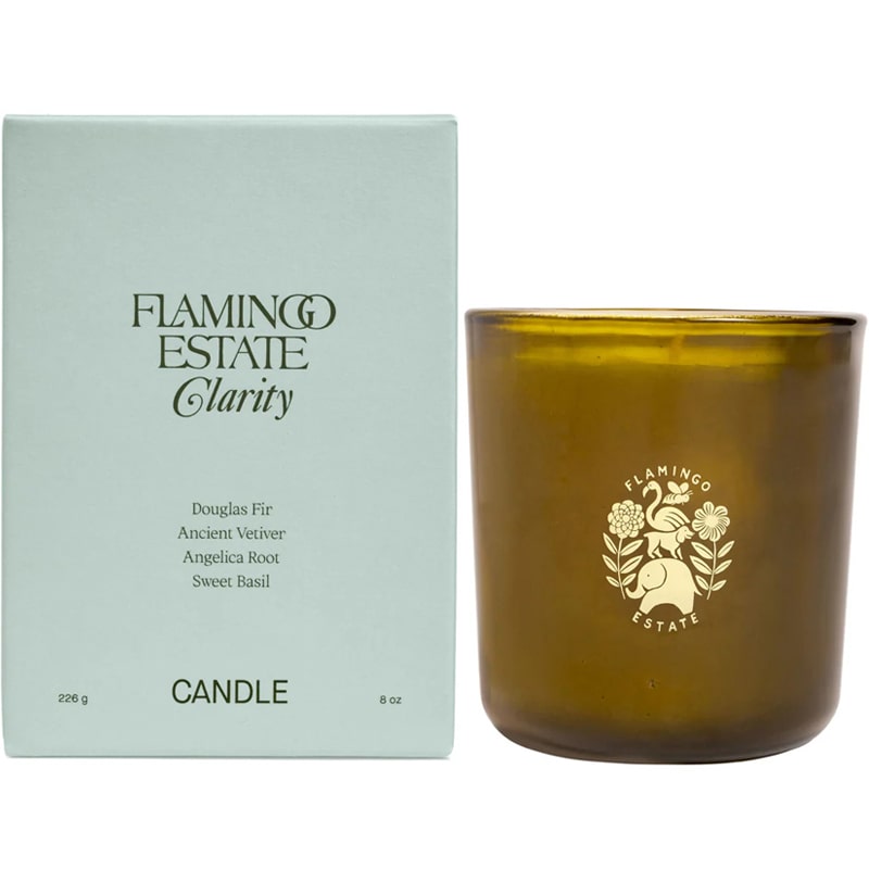 Flamingo Estate Organics Douglas Fir & Ancient Vetiver Candle - product shown next to packaging