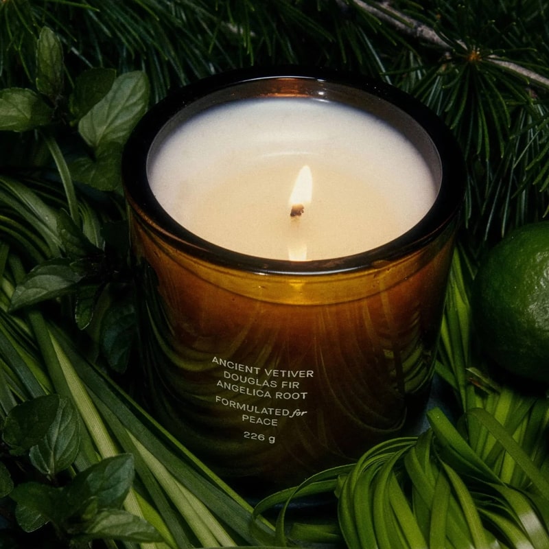 Flamingo Estate Organics Douglas Fir & Ancient Vetiver Candle - product shown in plants