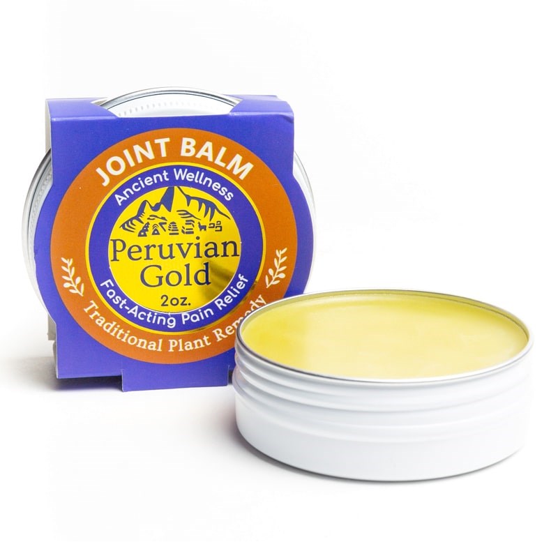 Peruvian Gold Joint Pain Balm (2 oz) shown open and outer packaging