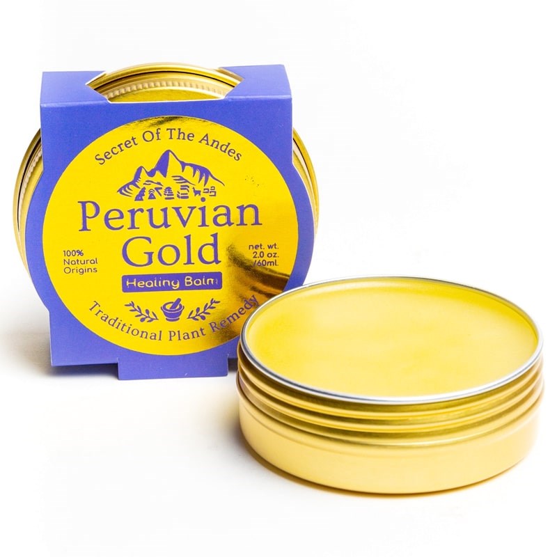 Peruvian Gold Organic Skin Healing Balm (2 oz) shown open with outer packaging