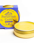 Peruvian Gold Organic Skin Healing Balm (2 oz) shown open with outer packaging