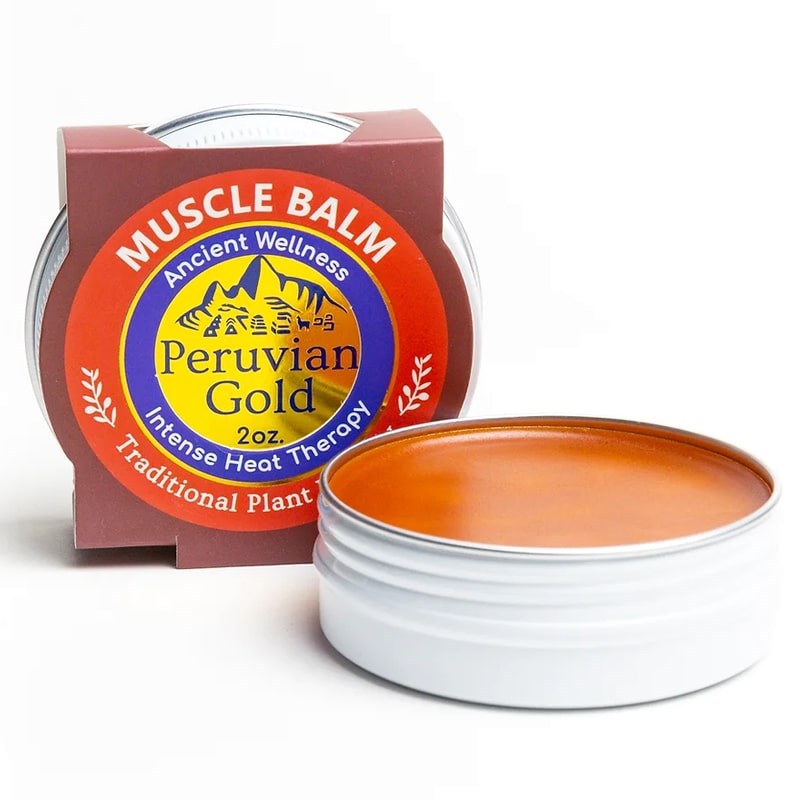 Peruvian Gold Sore Muscle Balm (2 oz) shown open with outer packaging