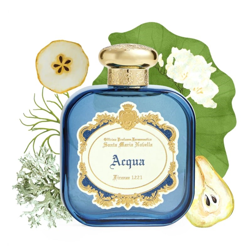 Santa Maria Novella Acqua Eau de Parfum - product shown in front of fragrance ingredient illustrations