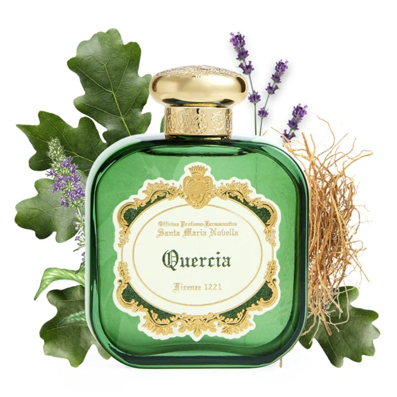 Santa Maria Novella Quercia Eau de Parfum - product shown in front of fragrance ingredients