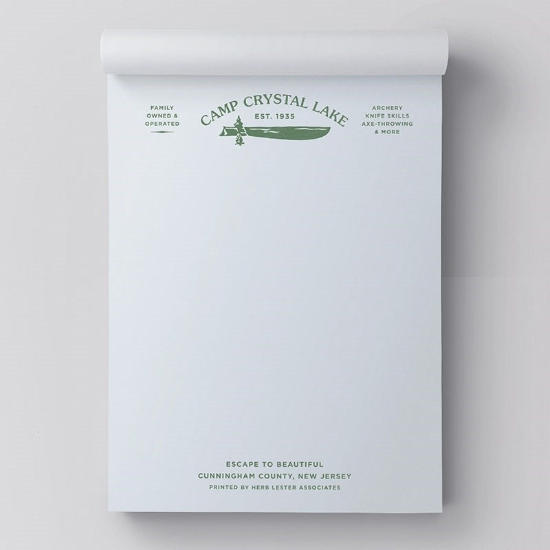 Herb Lester Associates Fictional Hotel Notepad Set - Camp Crystal Lake - product shown with page flipped