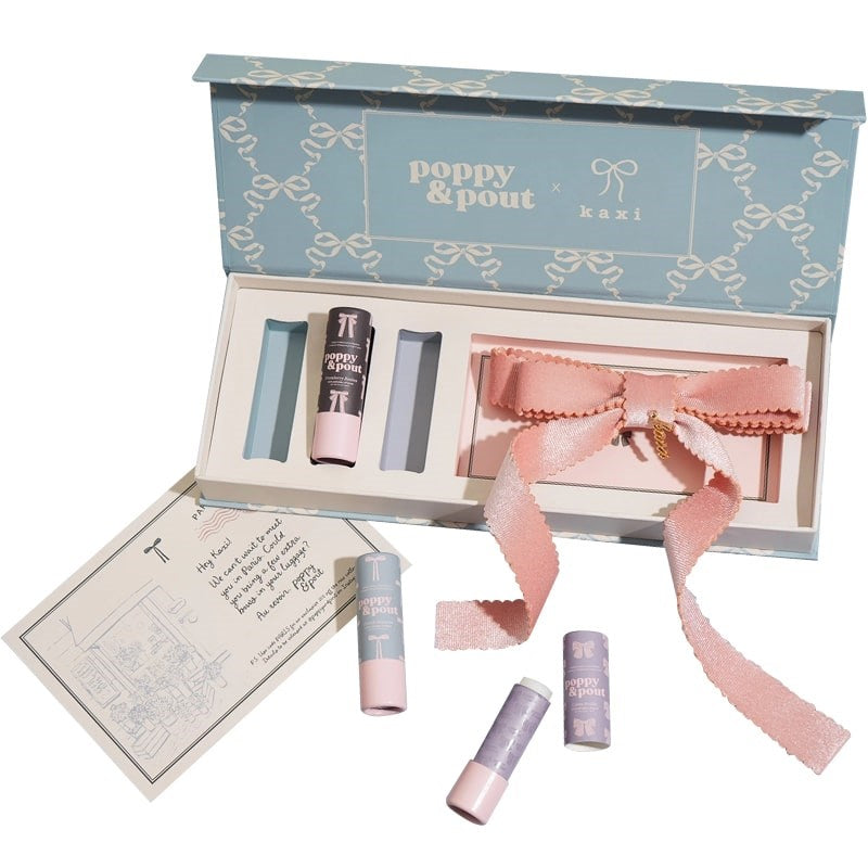 Poppy & Pout Coquette Lip Balm Trio + Kaxi Hair Bow Gift Set (4 pcs)