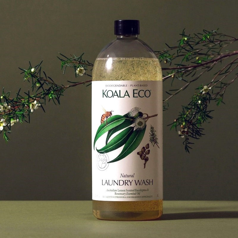 Koala Eco Natural Laundry Wash - Lemon Scented Eucalyptus and Rosemary - product shown in front of branch