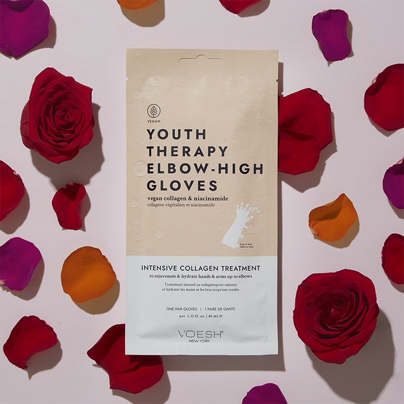 VOESH New York Youth Therapy Elbow-High Gloves - product packaging shown with roses