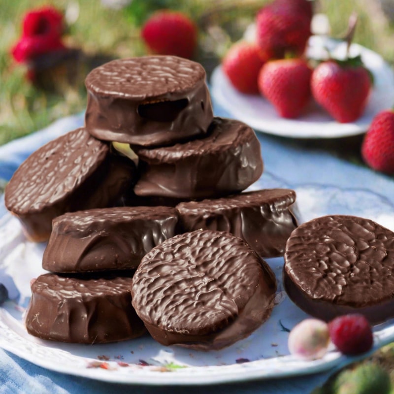 Wooden Table Baking Company Chocolate Covered Alfajores Cookies - multiple products on plate with strawberries 