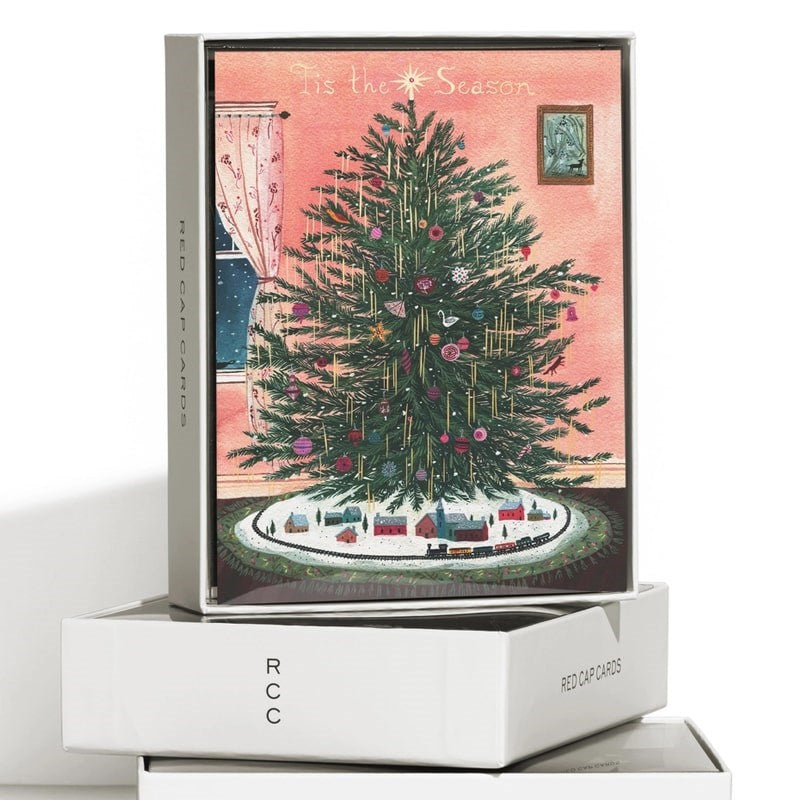 Red Cap Cards Tinsel Tree Holiday Greeting Card - product shown on top of boxes