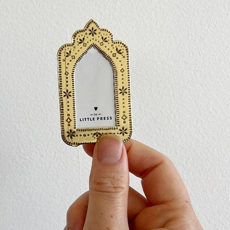 The Little Press Faux Tin Mini Arch Frame - Gold - model shown holding product