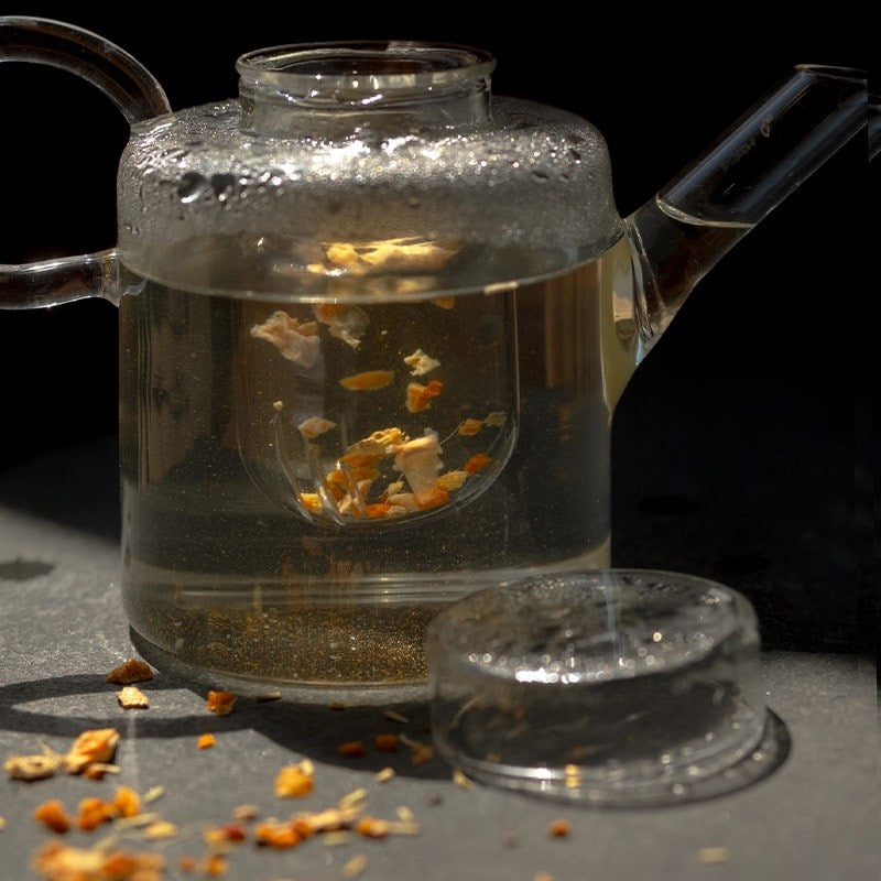 Leaves and Flowers Turmeric Wellness Loose Leaf Tea - product shown brewing in glass kettle