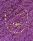 Close up of Barnabe Aime Le Cafe Double Gauze Cotton Embroidered Swaddle Lilac Purple - Cat (1 pc) (cat detail)