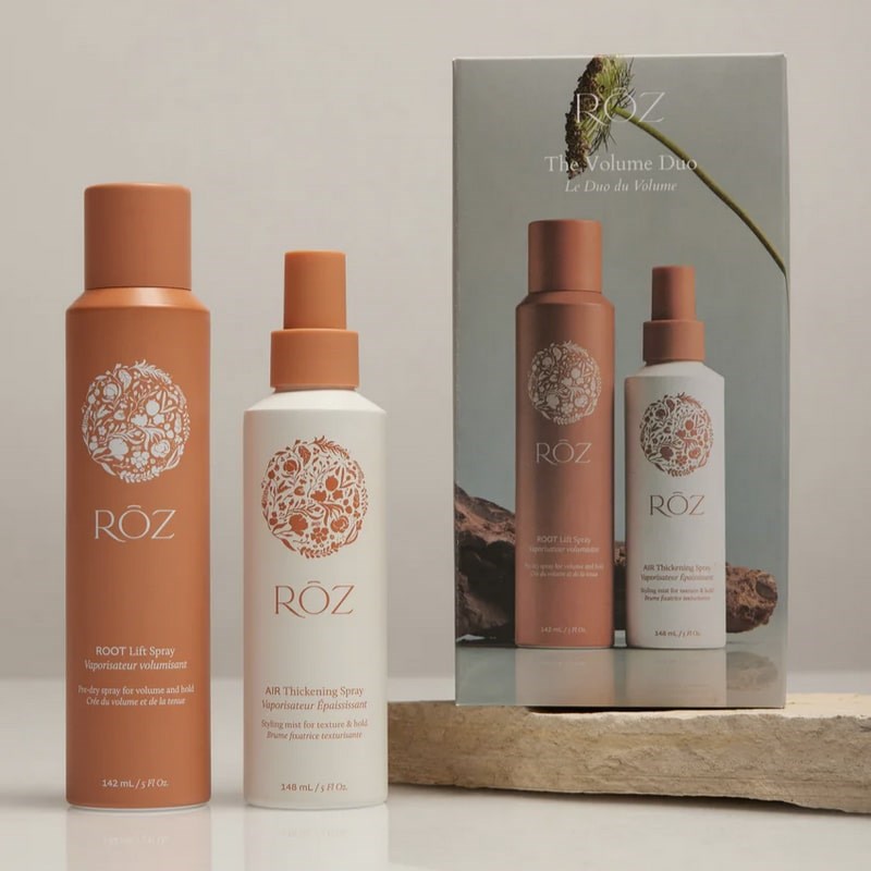 ROZ The Volume Duo - products shown next to packaging on stone slab