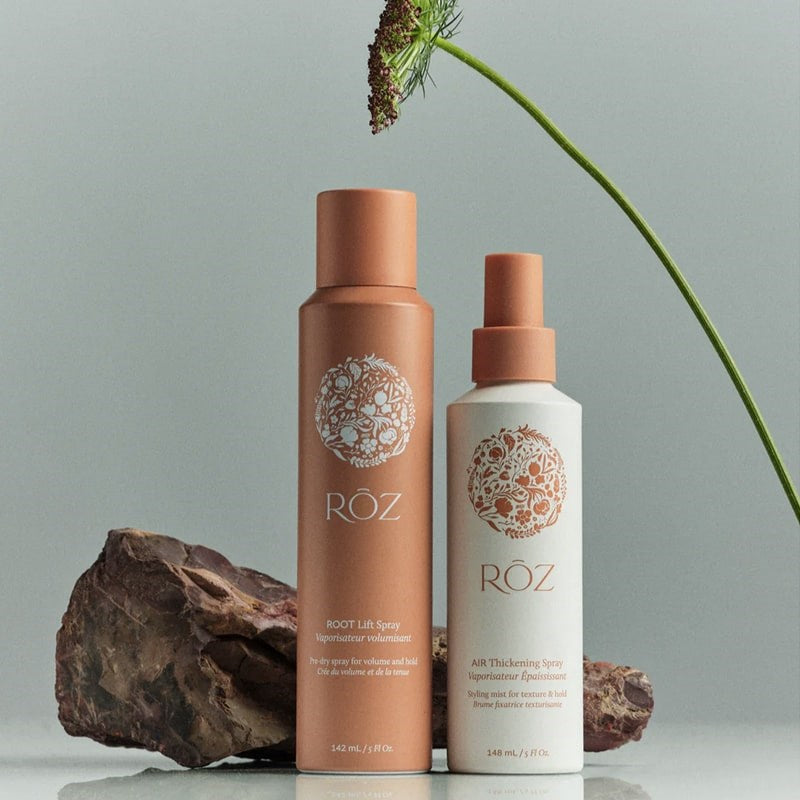 ROZ The Volume Duo - products shown side by side next to rock and plant