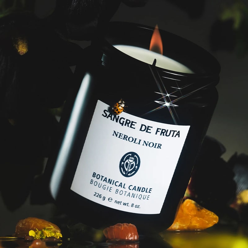 Sangre de Fruta Neroli Noir Botanical Candle - lit product shown with ladybug and flowers