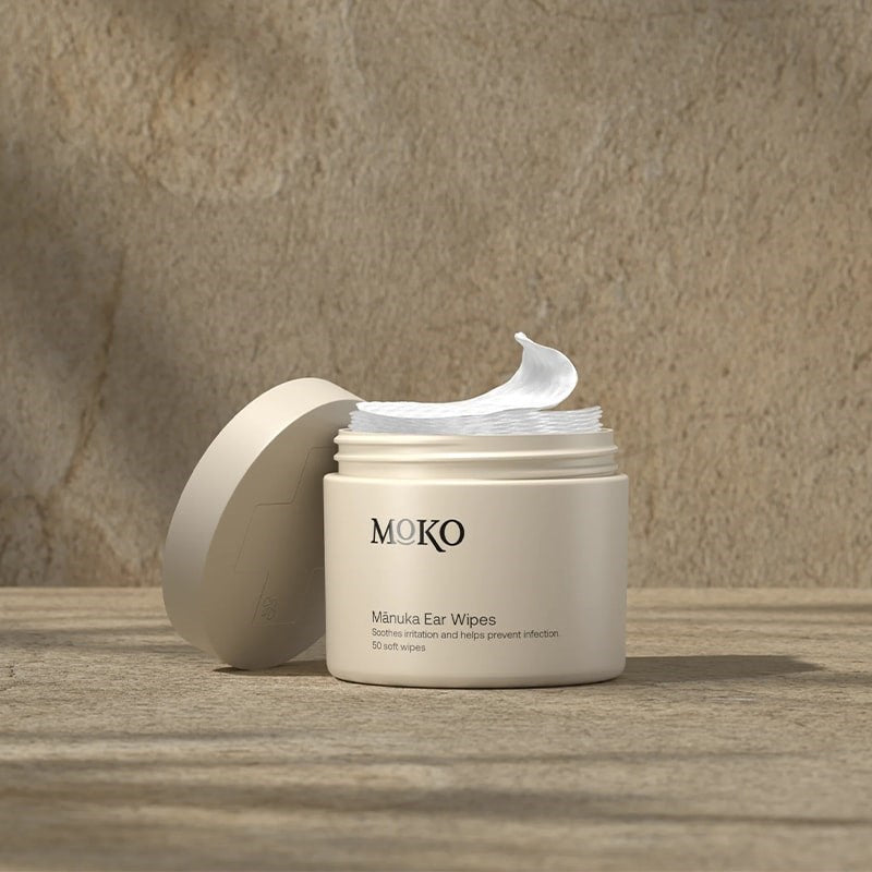 Moko Manuka Ear Wipes - product shown with lid off and wipes showing