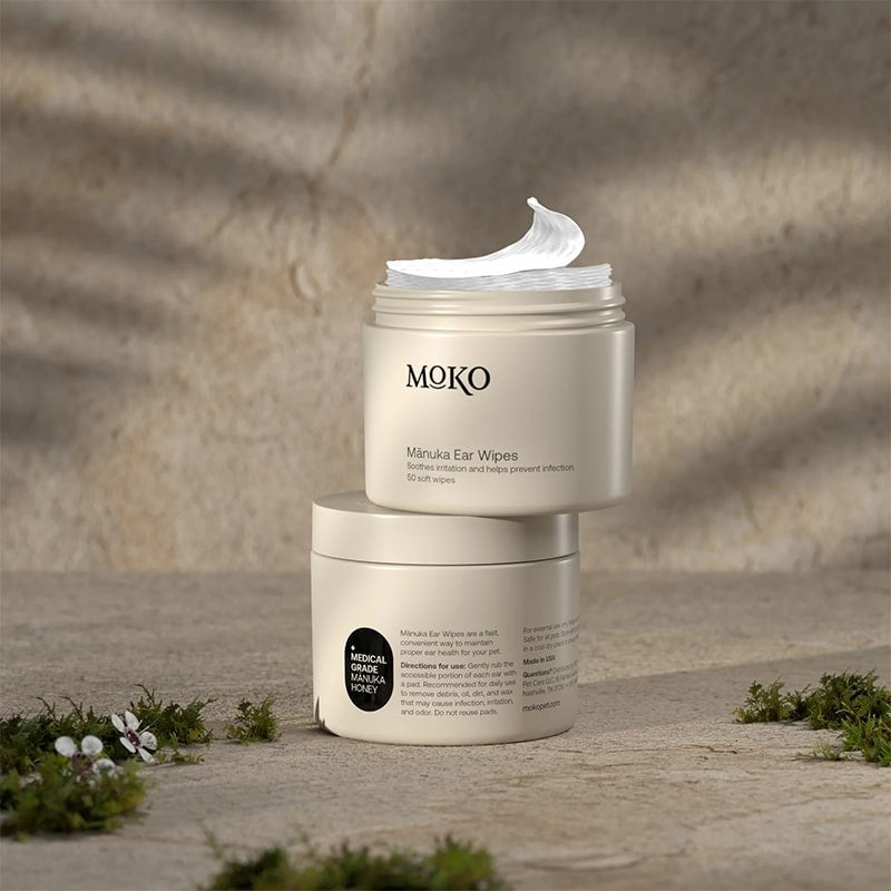 Moko Manuka Ear Wipes - products shown stacked near plants