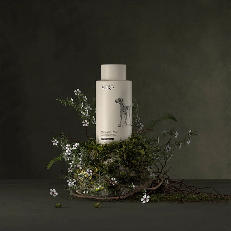 Moko Manuka Dog Wash - product shown on top of rock with plant