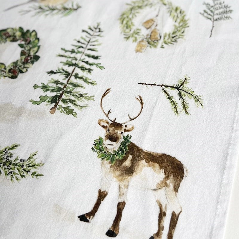 Emily Lex Studio Evergreen Christmas Tea Towel - close up of product illustrations