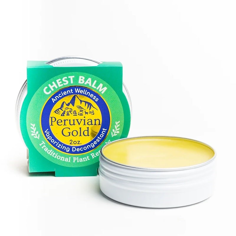 Peruvian Gold Chest Rub Balm - product without lid next to packaging