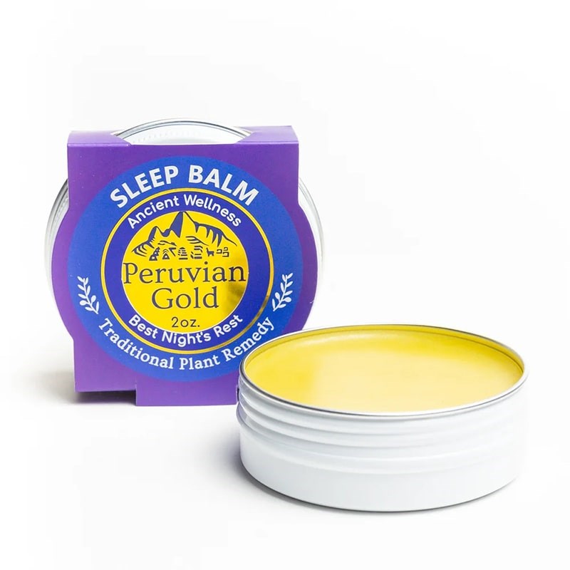 Peruvian Gold Sleep Better Balm - product shown without lid and next to packaging