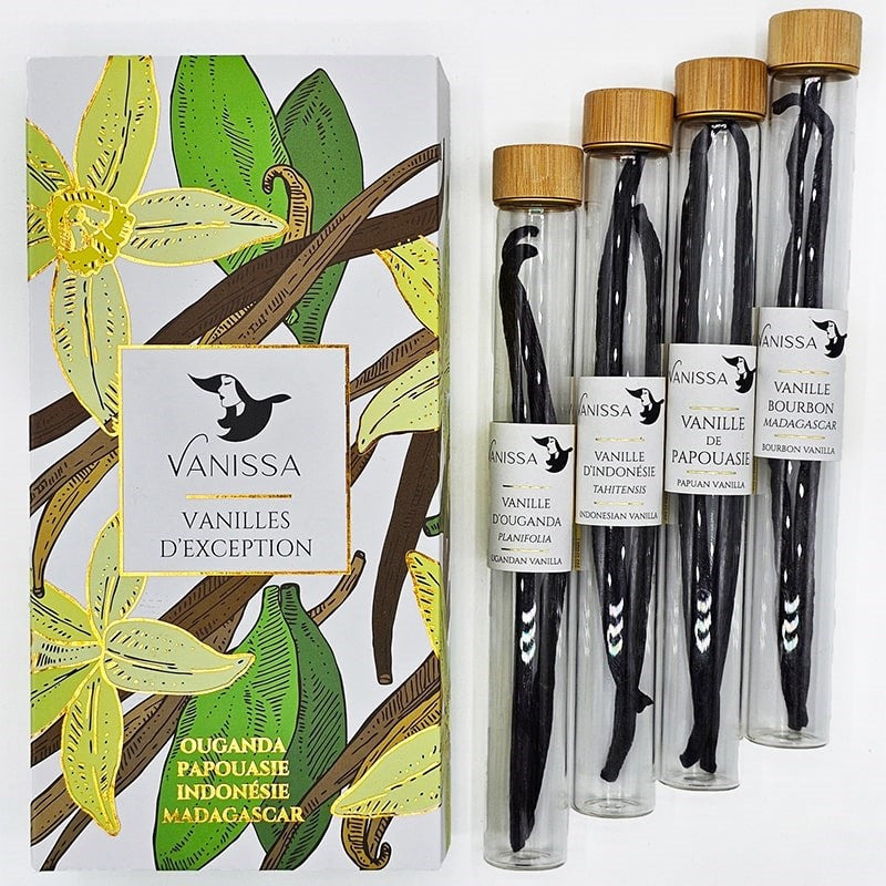 Vanissa Exceptional Vanilla Box - products shown inside individual glass tubes next to packaging