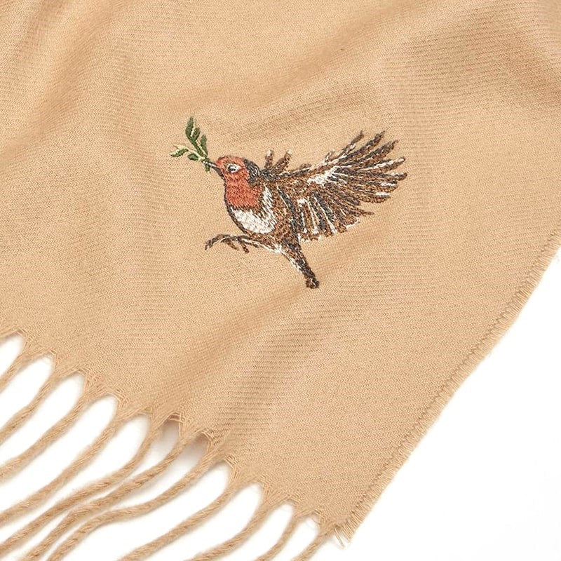 Fable England Robin Embroidered Cozy Camel Scarf - close up of product embroidery robin