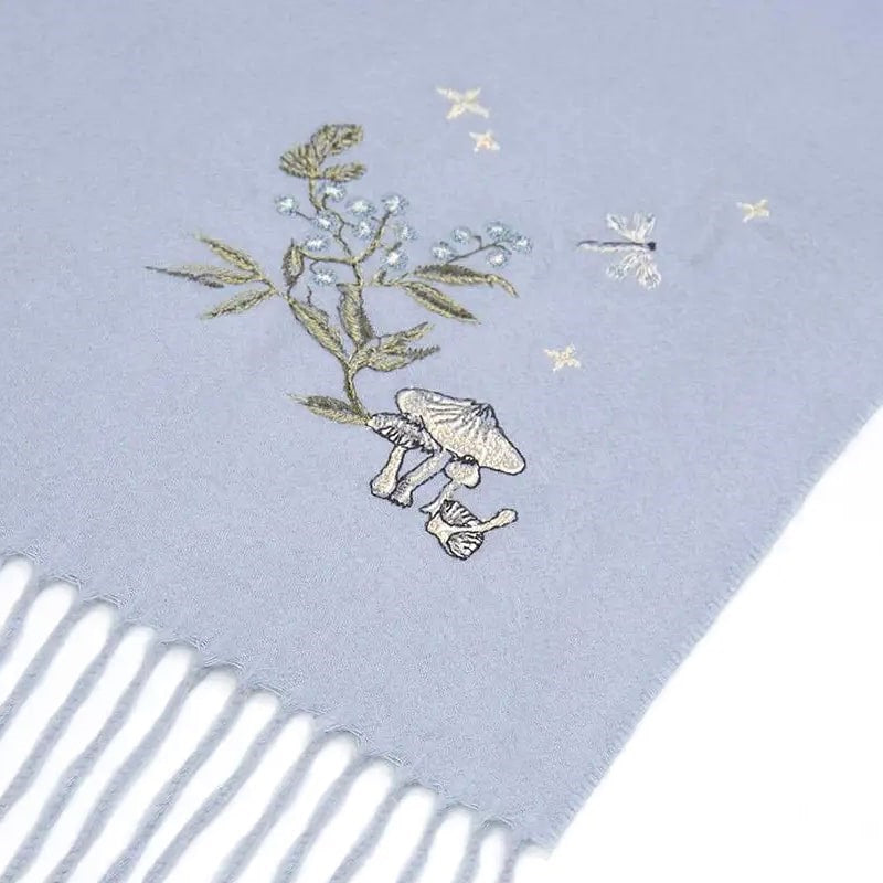 Fable England Magical Mushroom Embroidered Cozy Blue Scarf - close up of product detail embroidery