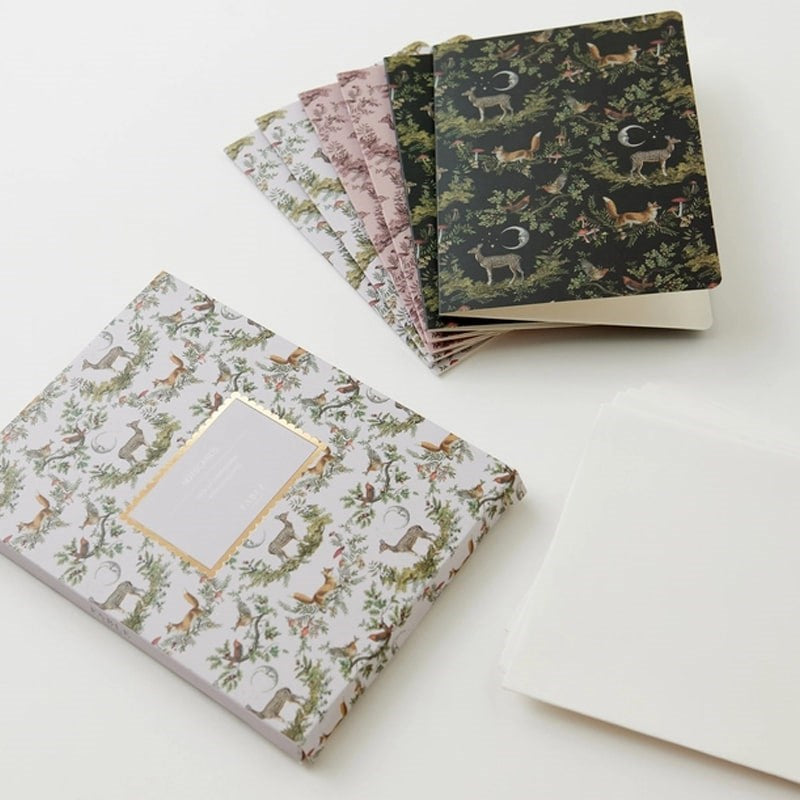 Fable England A Night's Tale Woodland Notecards Set - cards next to packaging and envelopes 