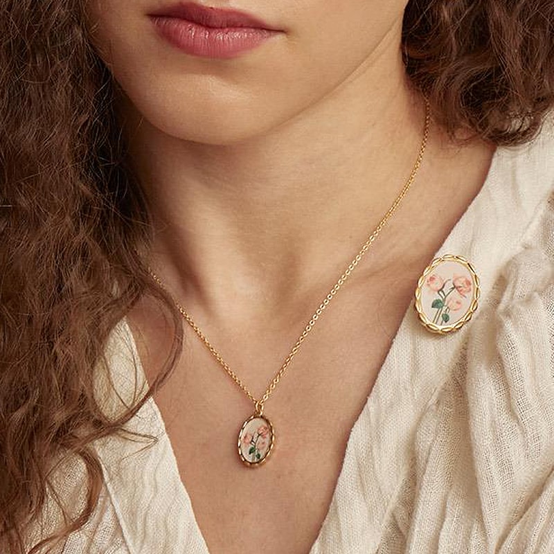 Fable England Framed Roses Brooch - model shown wearing product