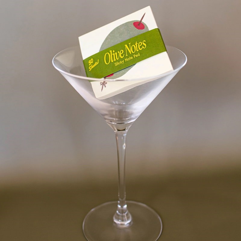 Mel Andrel Olive Sticky Notes - product shown in martini glass