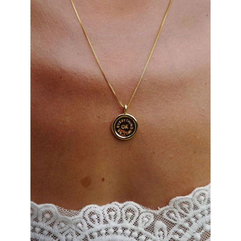 I Like It Here Club Everything Will Be OK Charm on Box Chain Necklace - Gold - model shown wearing product