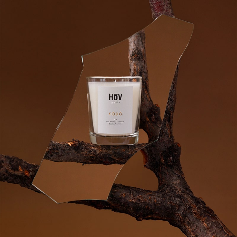 HoV Paris Scented Candle - Kodo (190 g) - product shown in mirror sitting on branch