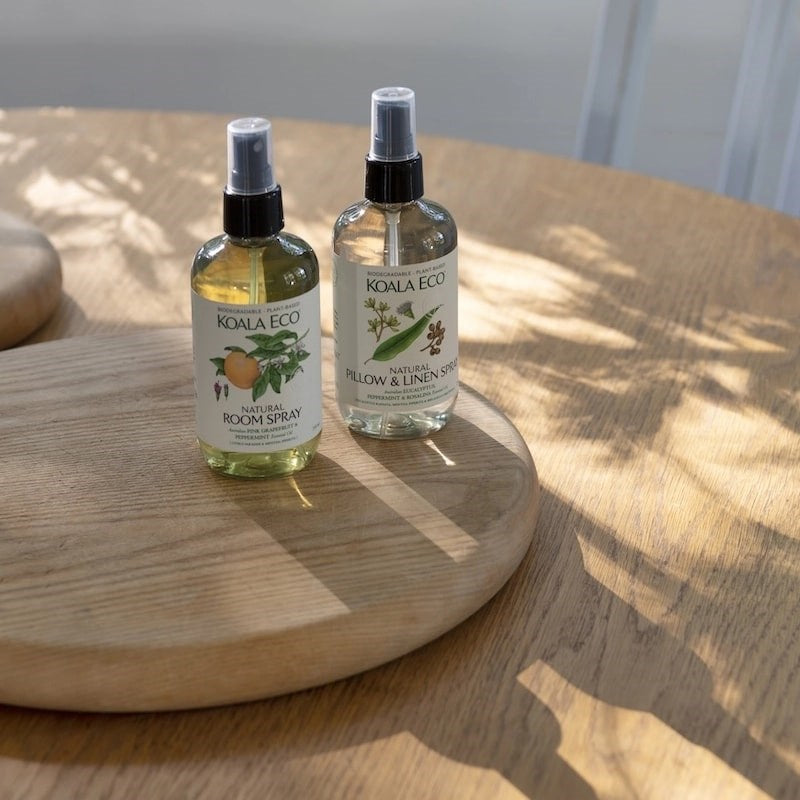 Koala Eco Aromatherapy Room & Linen Gift Collection - products shown on wood table