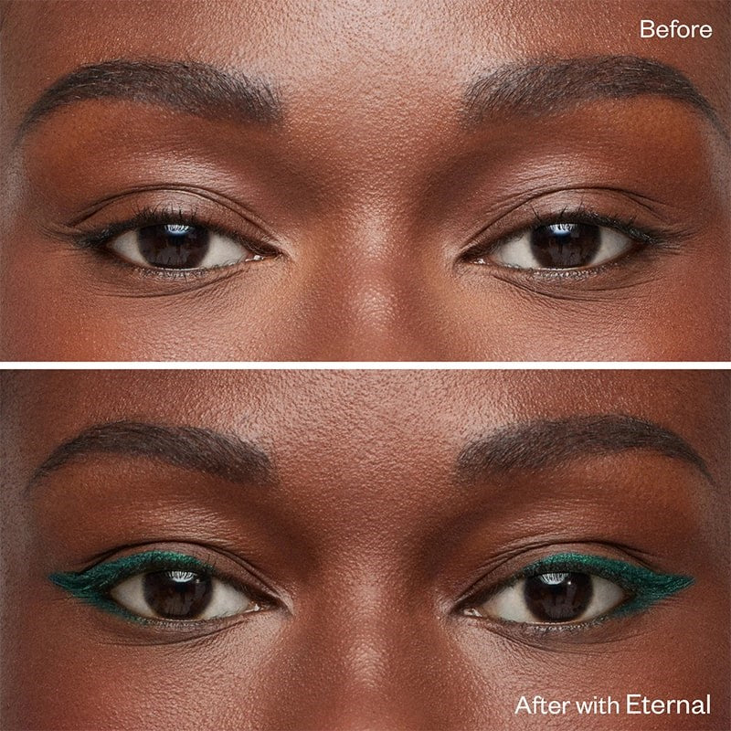 Kosas Soulgazer Eyeliner - Eternal - before and after shown on model