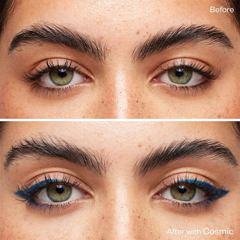 Kosas Soulgazer Eyeliner - Cosmic - before and after of product shown on model