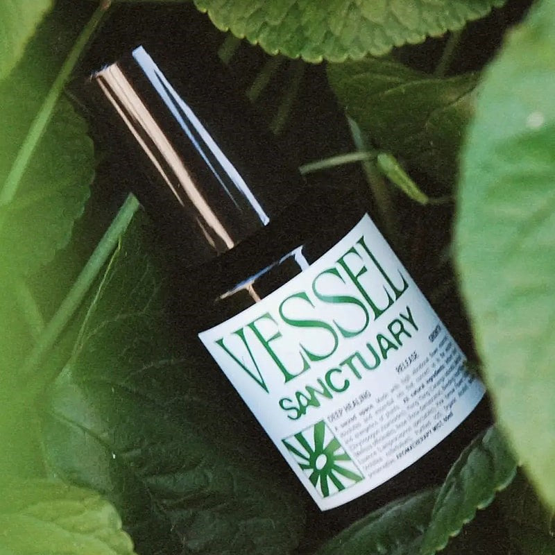 Vessel Apothecary Aromatherapy Flower Essence Mist - Sanctuary - product shown on leaves