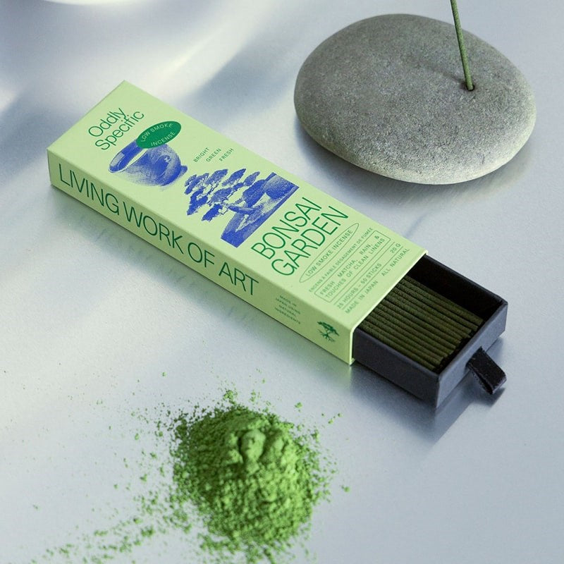 Oddly Specific Low Smoke Incense - Bonsai Garden - products shown next to matcha powder and incense sticks