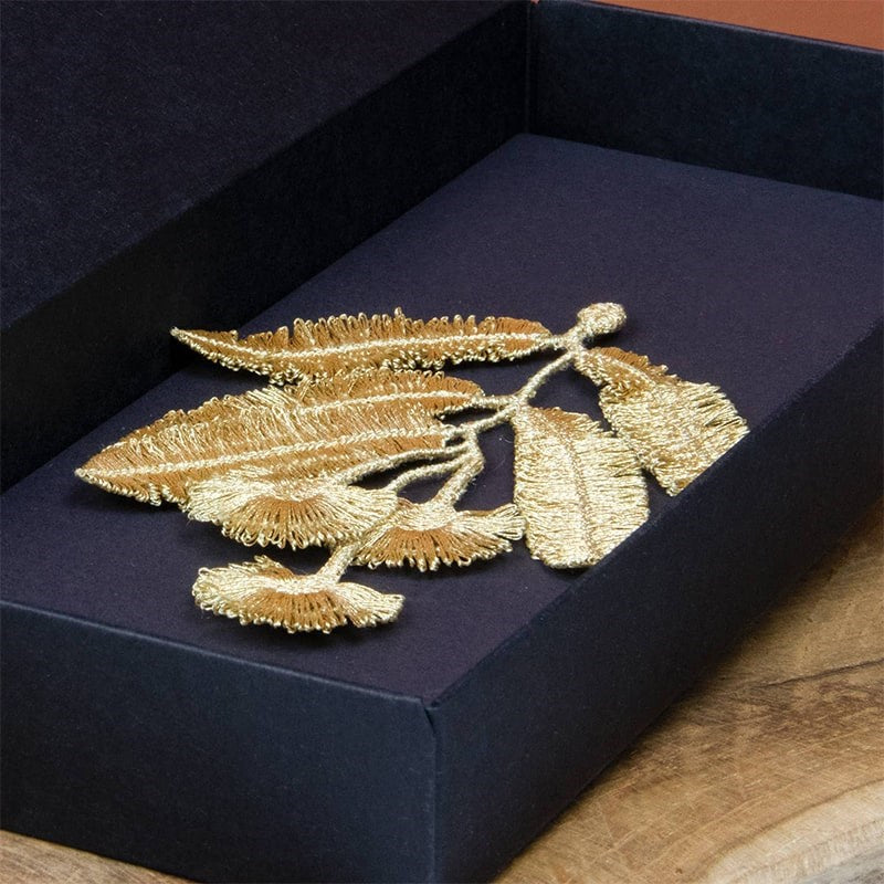 Botanopia Embroidered Brooch - Eucalyptus Flowers - product shown inside packaging