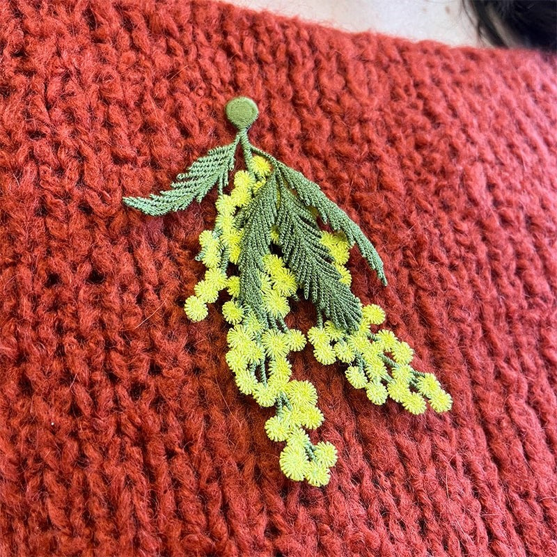 Botanopia Embroidered Brooch - Mimosa Flowers - model shown wearing product