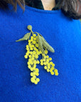 Botanopia Embroidered Brooch - Mimosa Flowers - model shown wearing product