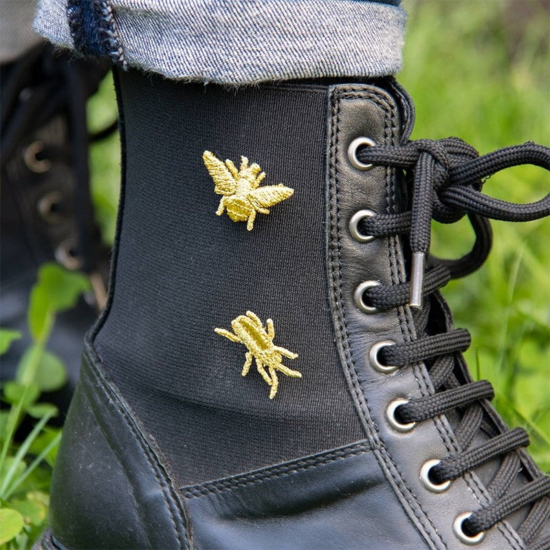 Botanopia Embroidered Brooch - 3 Little Bugs - product shown on boots