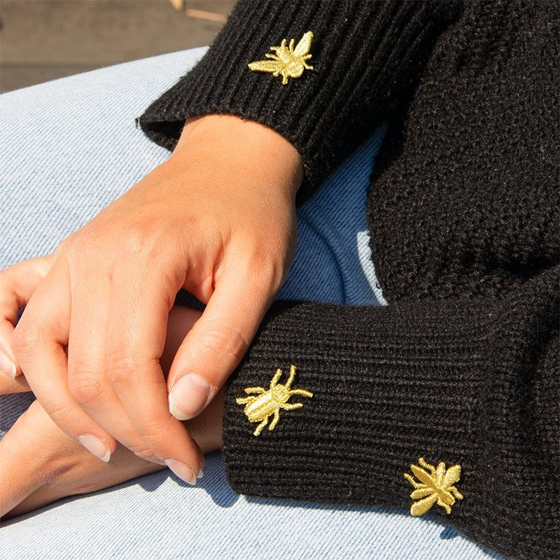 Botanopia Embroidered Brooch - 3 Little Bugs - model shown wearing products on sleeve