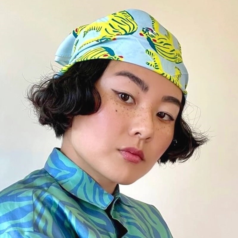 Centinelle Cotton Silk Bandana - Nodding Tigers - model shown wearing product