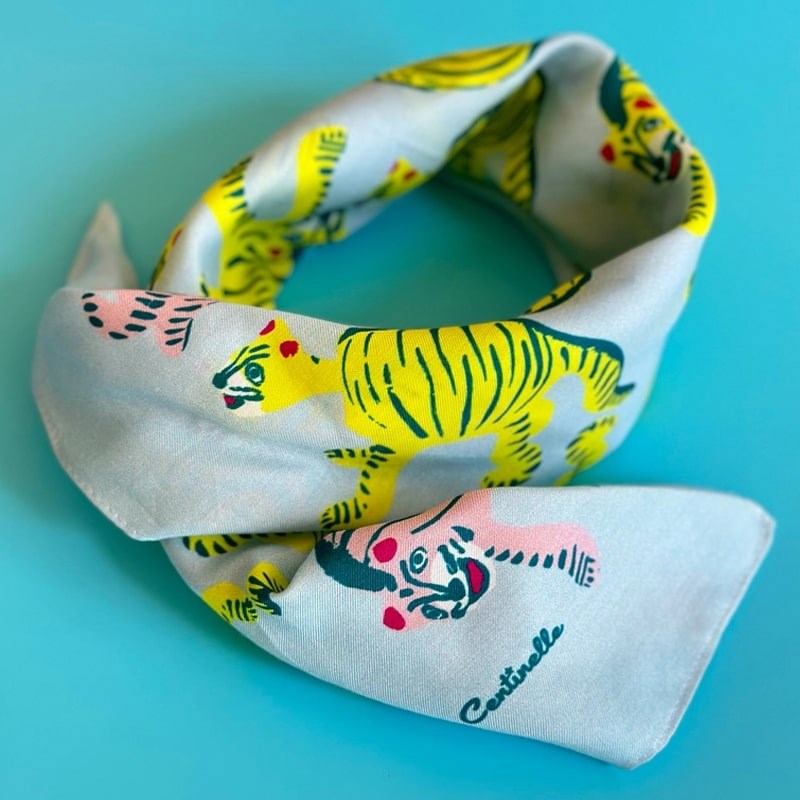 Centinelle Cotton Silk Bandana - Nodding Tigers - product shown rolled up